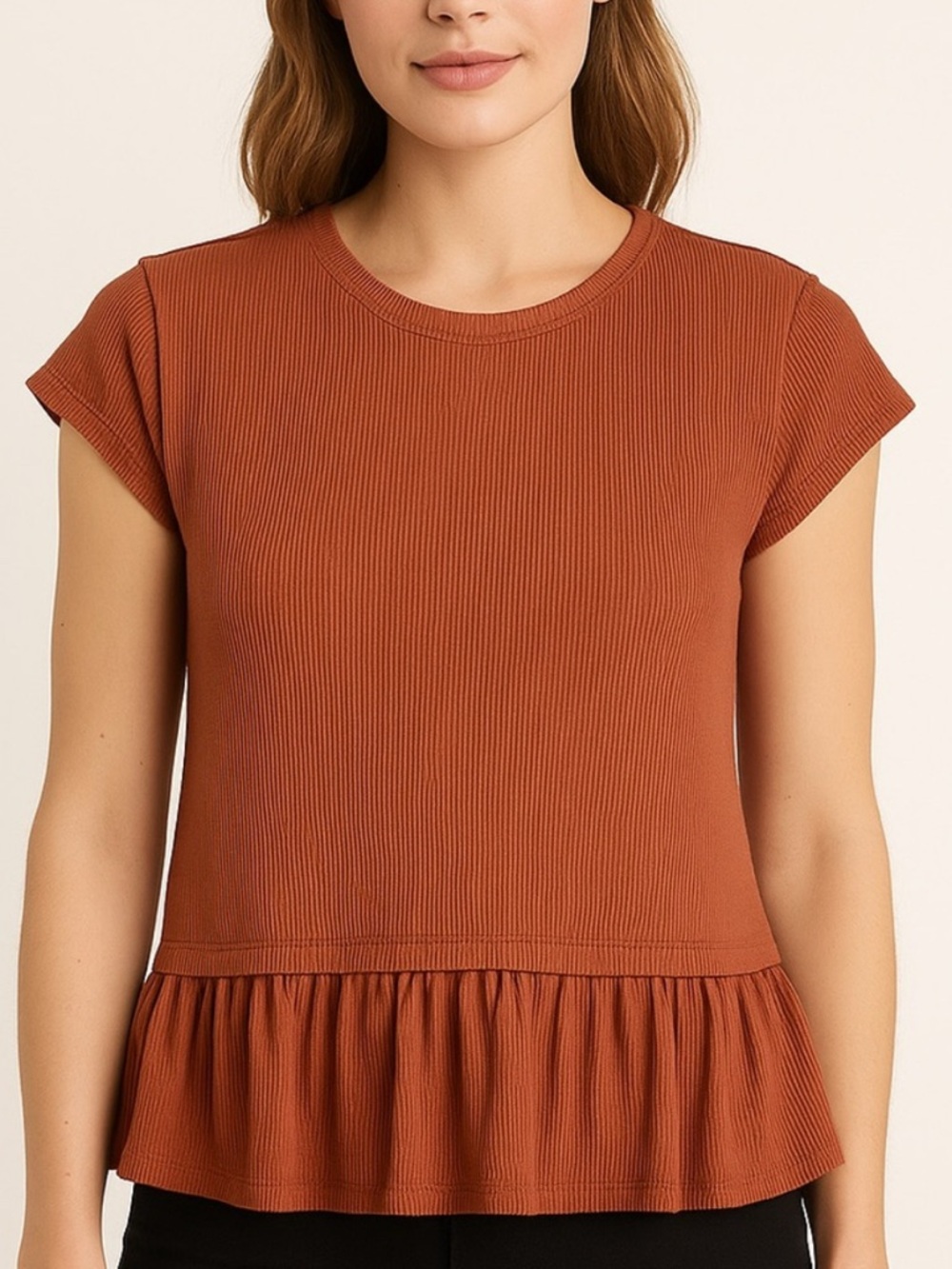 Altar’d State Rust Ribbed Ruffle Hem Baby Tee XS